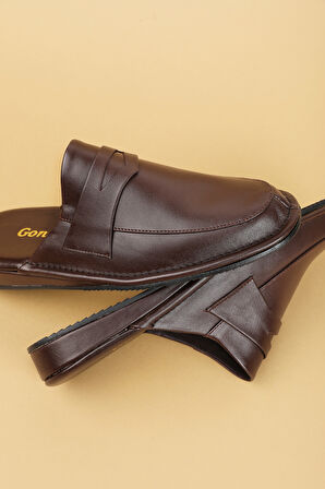 Gondol Erkek Hakiki Deri Damat Ev Terliği kayaş.9011 - Kahverengi - 46