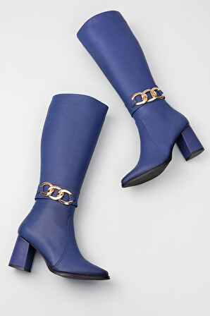 Gondol Hakiki Deri Zincir Detaylı Topuklu Çizme anl.2703 - Saks Mavi - 39