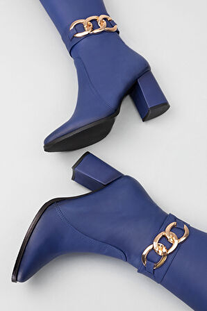 Gondol Hakiki Deri Zincir Detaylı Topuklu Çizme anl.2703 - Saks Mavi - 39