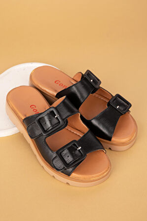 Gondol Kadın Hakiki Deri Çift Tokalı  Terlik mlk.002