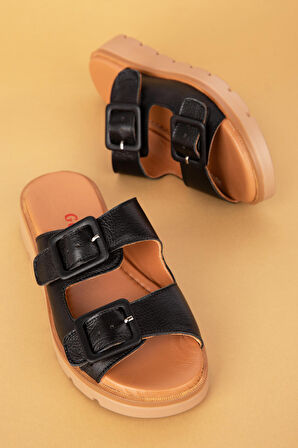 Gondol Kadın Hakiki Deri Çift Tokalı  Terlik mlk.002