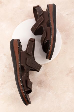 Gondol Unisex Hakiki Deri Cırtlı Ayarlanabilir Rahat Sandalet hkm.31 Kahverengi