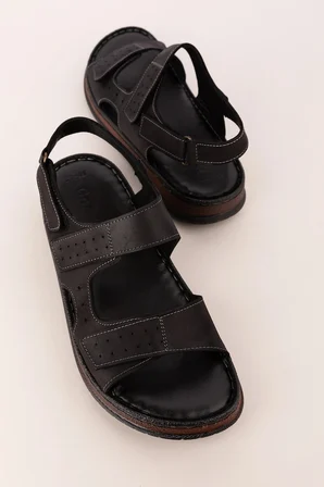Gondol Unisex Hakiki Deri Cırtlı Ayarlanabilir Rahat Sandalet hkm.31 Siyah