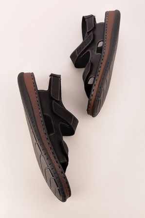 Gondol Unisex Hakiki Deri Cırtlı Ayarlanabilir Rahat Sandalet hkm.31 Siyah