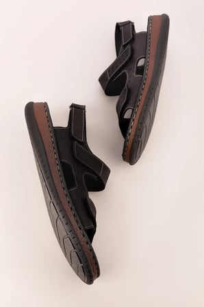 Gondol Unisex Hakiki Deri Cırtlı Ayarlanabilir Rahat Sandalet hkm.31 Siyah
