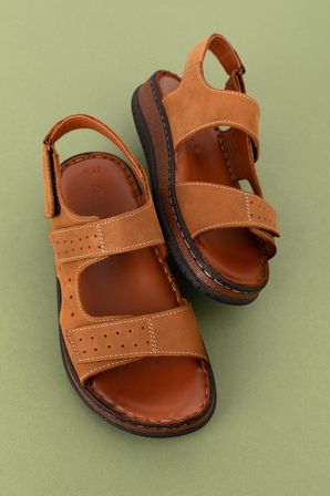 Gondol Unisex Hakiki Deri Cırtlı Ayarlanabilir Rahat Sandalet hkm.31 Taba