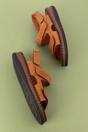 Gondol Unisex Hakiki Deri Cırtlı Ayarlanabilir Rahat Sandalet hkm.31 Taba