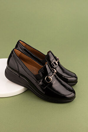 Gondol Hakiki Deri Anatomik Taban Toka Detaylı  Ayakkabı elnr.5879 - siyah rugan - 36