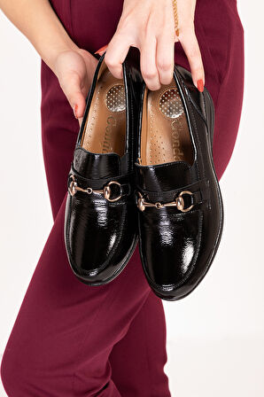 Gondol Hakiki Deri Anatomik Taban Toka Detaylı  Ayakkabı elnr.5879 - siyah rugan - 36