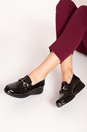 Gondol Hakiki Deri Anatomik Taban Toka Detaylı  Ayakkabı elnr.5879 - siyah rugan - 39