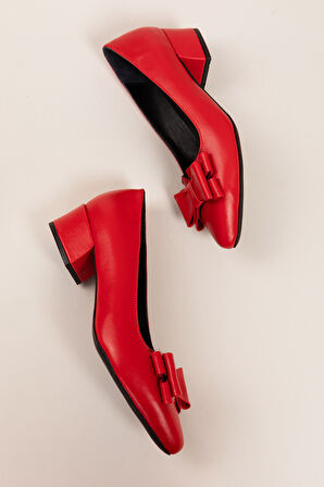 Gondol Hakiki Deri Kısa Topuklu Fiyonklu Ayakkabı  şhn.1085 - kırmızı - 37