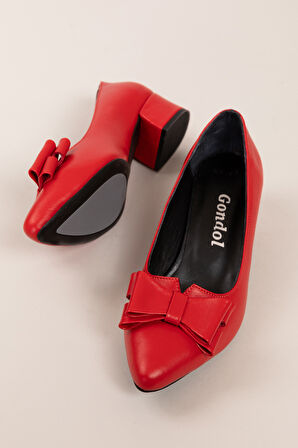 Gondol Hakiki Deri Kısa Topuklu Fiyonklu Ayakkabı  şhn.1085 - kırmızı - 37