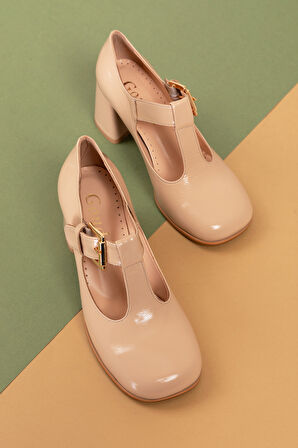 Gondol Kadın Hakiki Deri Yuvarlak Küt Burun Şık Topuklu Ayakkabı mnz.24524 - Bej Rugan - 37