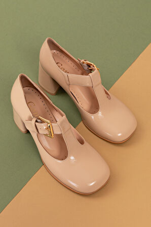 Gondol Kadın Hakiki Deri Yuvarlak Küt Burun Şık Topuklu Ayakkabı mnz.24524 - Bej Rugan - 40