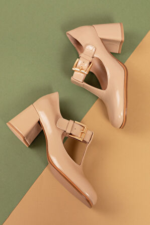 Gondol Kadın Hakiki Deri Yuvarlak Küt Burun Şık Topuklu Ayakkabı mnz.24524 - Bej Rugan - 40