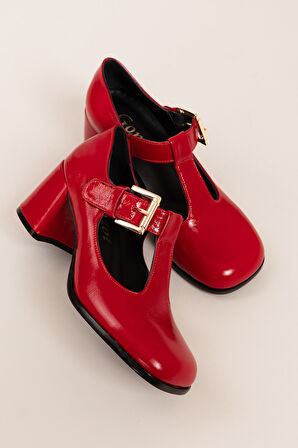 Gondol Kadın Hakiki Deri Yuvarlak Küt Burun Şık Topuklu Ayakkabı mnz.24524 - Kırmızı Rugan - 36