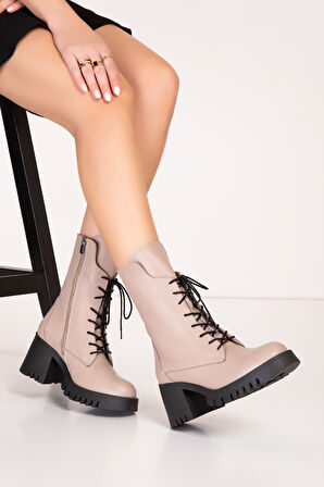 Gondol Hakiki Deri Kalın Topuklu Kauçuk Taban Şık Bot bel.1554 - Vizon - 39