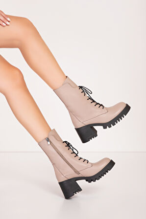 Gondol Hakiki Deri Kalın Topuklu Kauçuk Taban Şık Bot bel.1554 - Vizon - 39