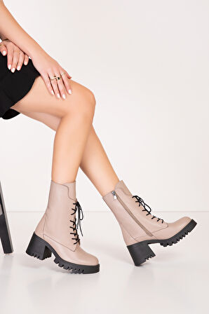 Gondol Hakiki Deri Kalın Topuklu Kauçuk Taban Şık Bot bel.1554 - Vizon - 39