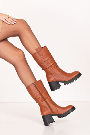 Gondol Hakiki Deri Büzgülü Topuklu Çizme bel.1548 - Taba - 36