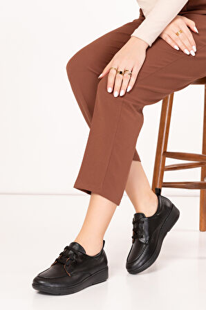 Gondol Kadın Hakiki Deri Bağcıklı Anne Ayakkabı ndr.113 - Siyah - 41