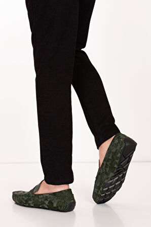 Gondol Erkek Hakiki Deri Esnek Taban Kamuflaj Desenli Loafer Ayakkabı tx.11873 - Haki - 40