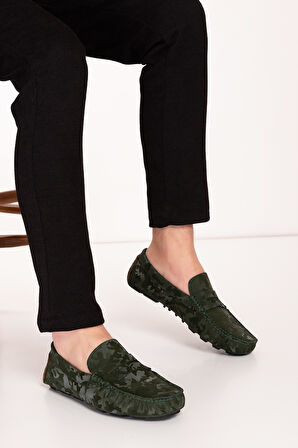 Gondol Erkek Hakiki Deri Esnek Taban Kamuflaj Desenli Loafer Ayakkabı tx.11873 - Haki - 43