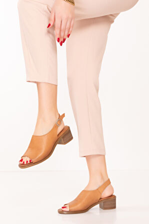 Gondol Kadın Hakiki Deri Orta Topuklu Günlük Şık Sandalet anl.2953 - Taba - 37