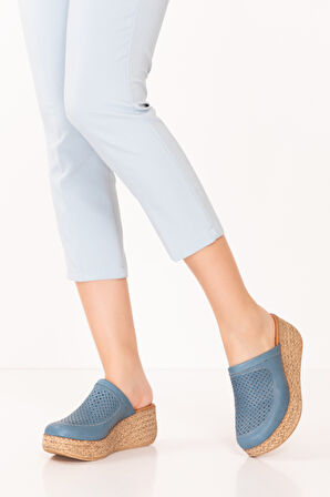 Gondol Kadın Hakiki Deri Platform Tabanlı Sabo Terlik anl.3244 - Mavi - 41