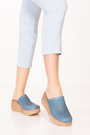 Gondol Kadın Hakiki Deri Platform Tabanlı Sabo Terlik anl.3244 - Mavi - 41