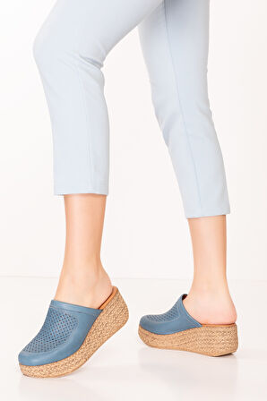 Gondol Kadın Hakiki Deri Platform Tabanlı Sabo Terlik anl.3244 - Mavi - 41