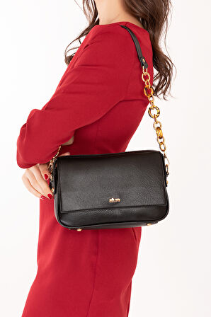 Gondol Kadın Çift Bölmeli El ve Omuz Çantası ald.1153 - Siyah - TEK EBAT