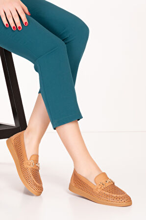 Gondol Kadın Hakiki Deri Yazlı Lazer Delikli Şık Loafer anl.2999 - Taba - 41