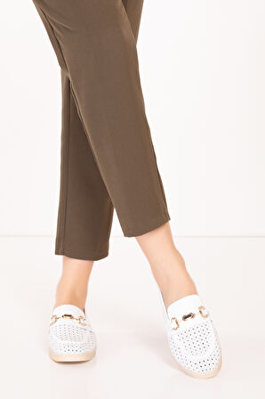 Gondol Kadın Hakiki Deri Yazlı Lazer Delikli Şık Loafer anl.2999 - Beyaz - 36