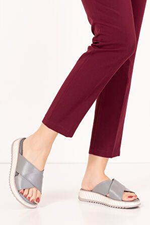 Gondol Hakiki Deri Anatomik Taban Rahat Çapraz Terlik kla.6030 - Gri - 37