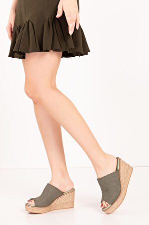 Gondol Kadın İçi Hakiki Deri Keten Dolgu Topuk Platform Sandalet ell.6948 - Haki - 40