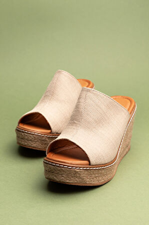 Gondol Kadın İçi Hakiki Deri Keten Dolgu Topuk Platform Sandalet ell.6948 - Bej - 41