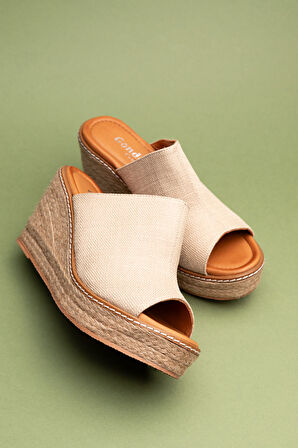 Gondol Kadın İçi Hakiki Deri Keten Dolgu Topuk Platform Sandalet ell.6948 - Bej - 41