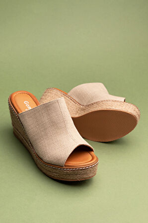 Gondol Kadın İçi Hakiki Deri Keten Dolgu Topuk Platform Sandalet ell.6948 - Bej - 41