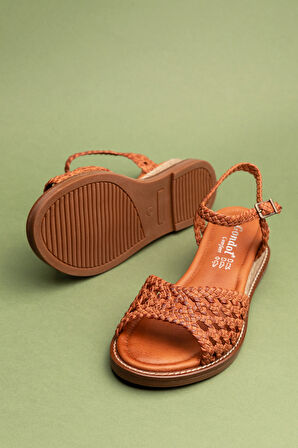 Gondol Kadın Hakiki Deri El Örgüsü Özel Hasır Sargılı Sandalet ell.7245 - Taba - 40