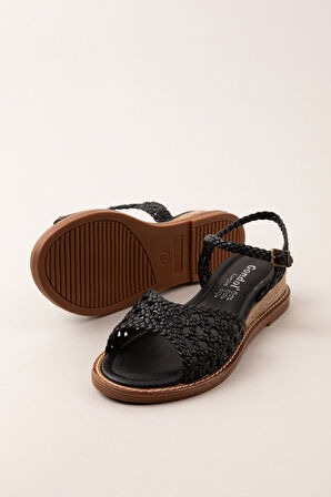 Gondol Kadın Hakiki Deri El Örgüsü Özel Hasır Sargılı Sandalet ell.7245 - Siyah - 38