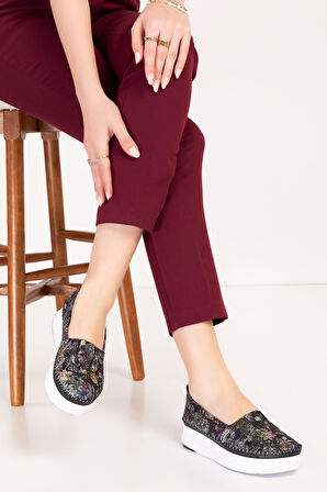 Gondol Hakiki Deri Rahat Yazlık Çiçek Desenli Ayakkabı kla.24 - Siyah - 37