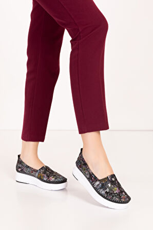 Gondol Hakiki Deri Rahat Yazlık Çiçek Desenli Ayakkabı kla.24 - Siyah - 37