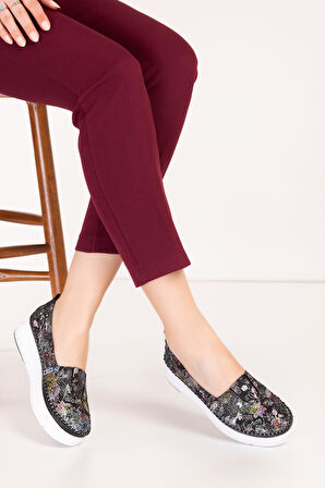 Gondol Hakiki Deri Rahat Yazlık Çiçek Desenli Ayakkabı kla.24 - Siyah - 38