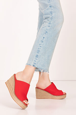 Gondol Kadın İçi Hakiki Deri Keten Dolgu Topuk Platform Sandalet ell.6948 - kırmızı - 35