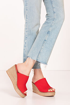Gondol Kadın İçi Hakiki Deri Keten Dolgu Topuk Platform Sandalet ell.6948 - kırmızı - 35