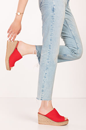 Gondol Kadın İçi Hakiki Deri Keten Dolgu Topuk Platform Sandalet ell.6948 - kırmızı - 35