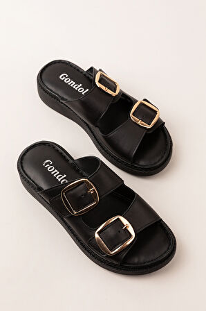 Gondol Kadın Hakiki Deri Çift Tokalı Gizli Cırtlı Günlük Rahat Terlik usl.2475 - Siyah - 41