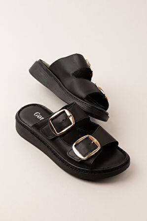 Gondol Kadın Hakiki Deri Çift Tokalı Gizli Cırtlı Günlük Rahat Terlik usl.2475 - Siyah - 41