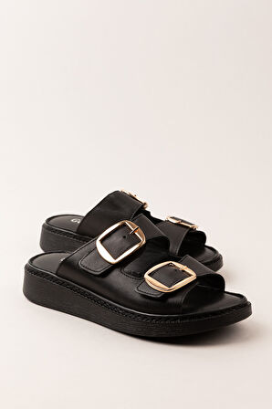 Gondol Kadın Hakiki Deri Çift Tokalı Gizli Cırtlı Günlük Rahat Terlik usl.2475 - Siyah - 41